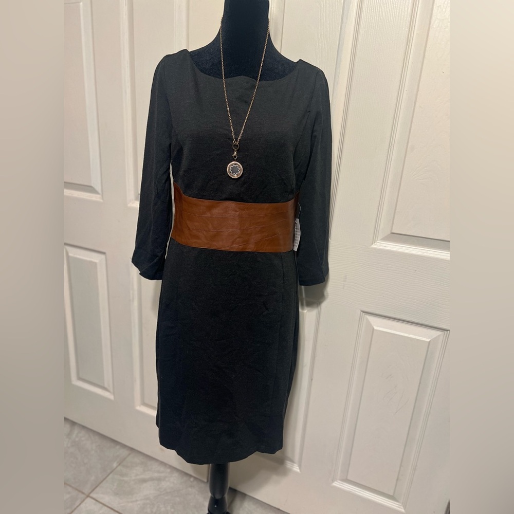 VENUS Black Long Sleeve Sheath Dress with Brown Waistband
